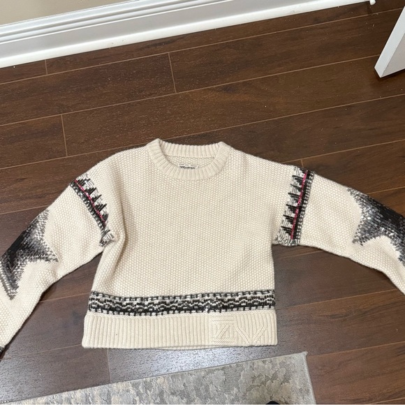 Beige Patterned Star Sequin Sweater - Picture 1 of 6